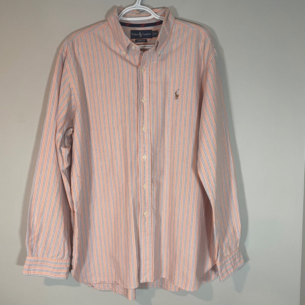 Ralph Lauren Mens XL Classic Fit Striped Button Down Shirt Orange Blue Pony